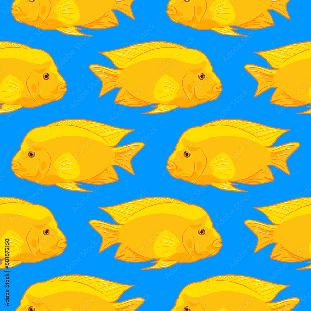 Naklejka premium Yellow tropical fish seamless pattern. aquarium animals in flat style. Cichlid family. Cichlasoma citrinellum. pet care. For wallpaper, fabric, wrapping, background.