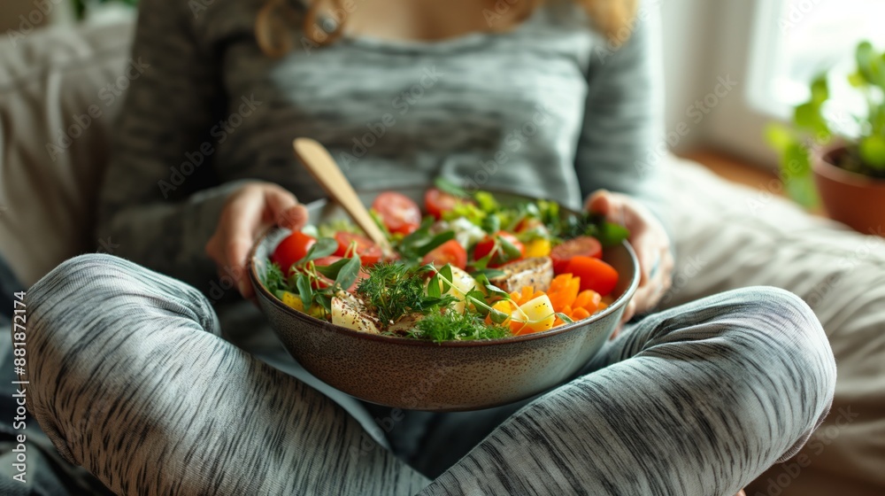 Person holding a salad bowl full of fresh vegetables.
