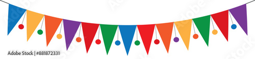 Colorful paper party garland or bunting flags with rope isolated on transparent background.