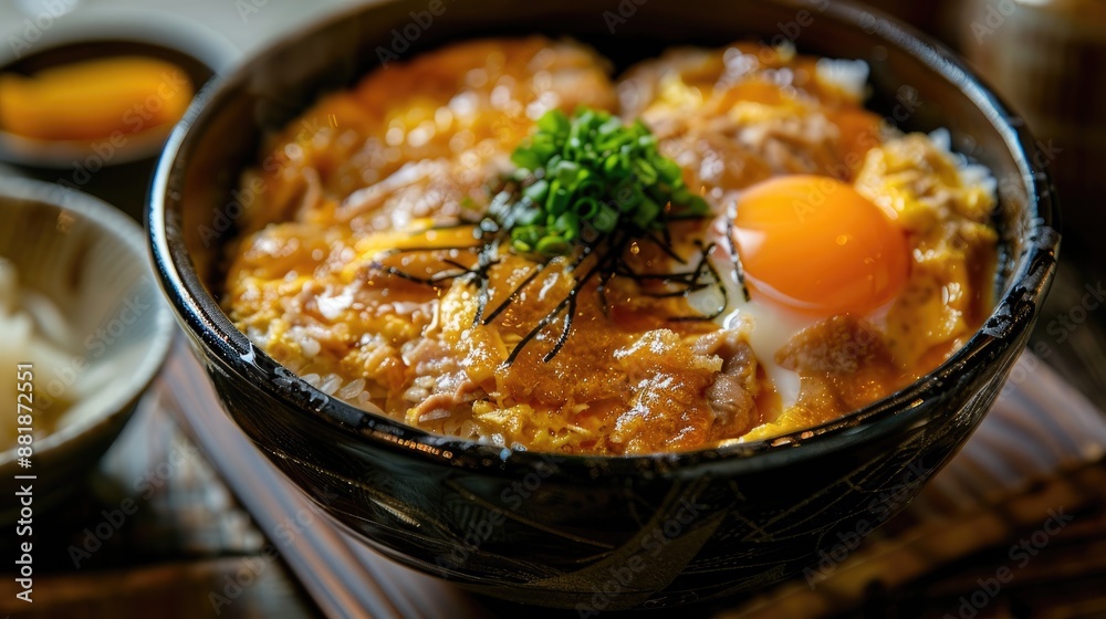 Japanese dish with pork egg cooked by chef called Katsudon Japanese dish with pork egg cooked by chef called Katsudon