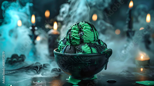 Sinister green ice cream in dark bowl with eerie black drizzle, surrounded by smoke and candlelight, sets perfect spooky ambiance for halloween desserts and celebrations.