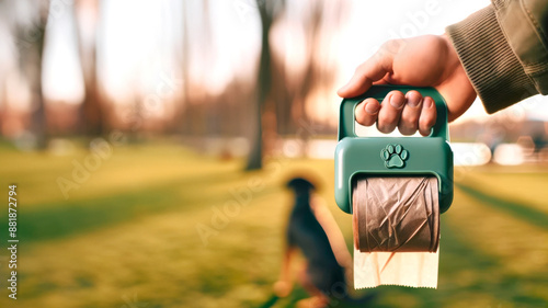 Hand holding green pet waste poops bag dispenser with park background. blurred dog in distance, importance of cleanliness and responsibility for pet owners.