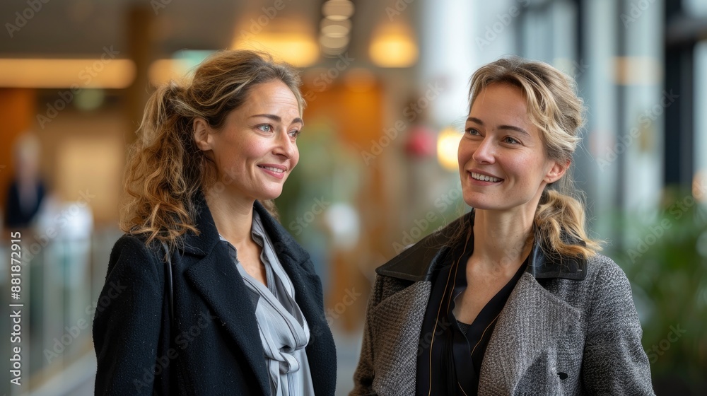 A welcoming woman, smiling warmly, leads her newly arrived female colleague on a tour of the vibrant office A welcoming woman, smiling warmly, leads her newly arrived female colleague on a tour of the vibrant office