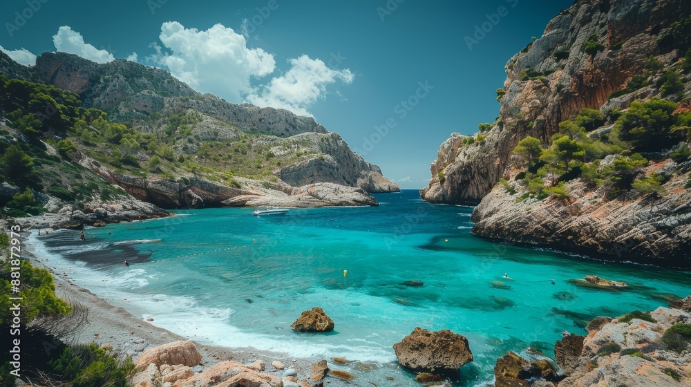 Scenic View Of Rocky Cliffs And Turqoise Sea Water At Cala Varques beach,. Majorca Spain Scenic View Of Rocky Cliffs And Turqoise Sea Water At Cala Varques beach,. Majorca Spain