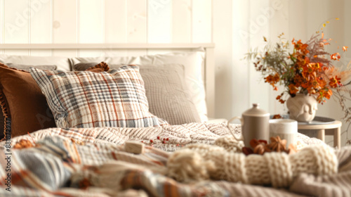 Inviting bedroom with plaid pillows and knitted blankets in warm, earthy tones. autumn flowers in vase enhance cozy, seasonal ambiance.