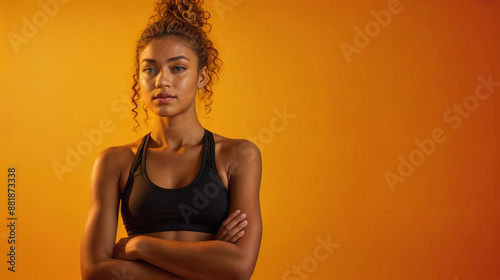 A woman in a black sports bra, standing against a yellow background with her arms crossed.