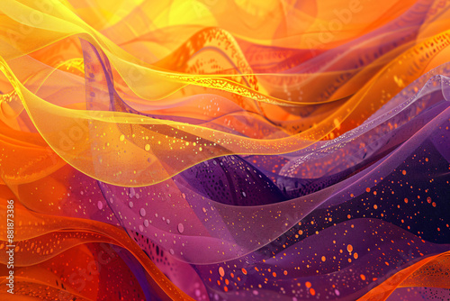 An abstract yellow and violet background with a swirl of orange circles, wavy lines and organic shapes photo