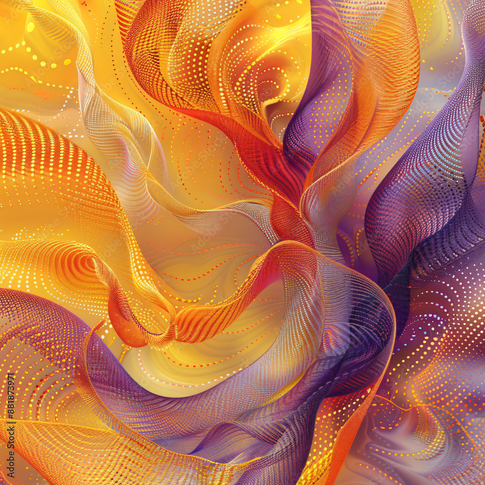 An abstract yellow and violet background with a swirl of orange circles, wavy lines and organic shapes An abstract yellow and violet background with a swirl of orange circles, wavy lines and organic shapes