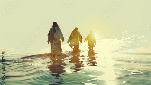 Biblical Illustration of Jesus Christ Walking on Water with Disciples Watching Miraculous Biblical Event Beige Background and Copyspace