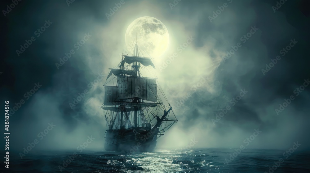 Ghost Ship: Sailing Through Foggy Waters Under Dark Sky Ghost Ship: Sailing Through Foggy Waters Under Dark Sky