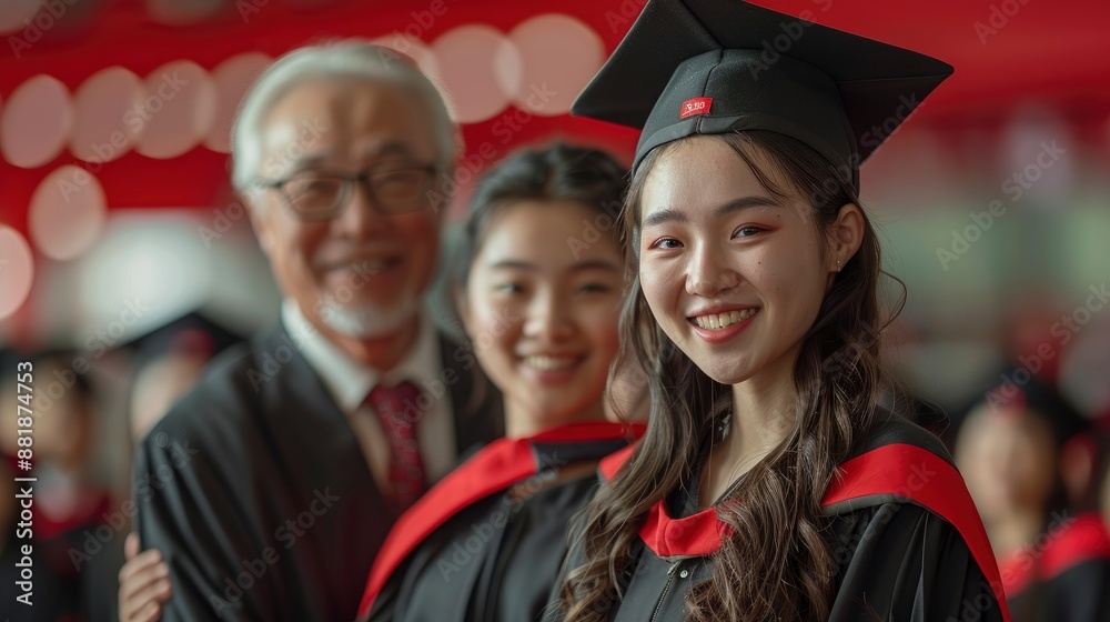 Fototapeta premium An Asian graduation university student, smiling proudly, shakes hands with the dean during the convocation ceremony