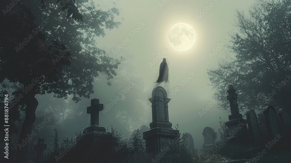 Ghostly Figure: Floating Above Grave in Foggy Cemetery with Full Moon Ghostly Figure: Floating Above Grave in Foggy Cemetery with Full Moon