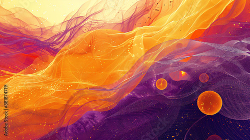 An abstract yellow and violet background with a swirl of orange circles, wavy lines and organic shapes photo