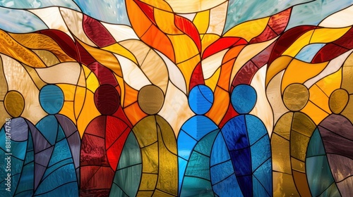 Biblical Illustration of Stained Glass Depicting Pentecost Christian Spirit and Fire Beige Background and Copyspace