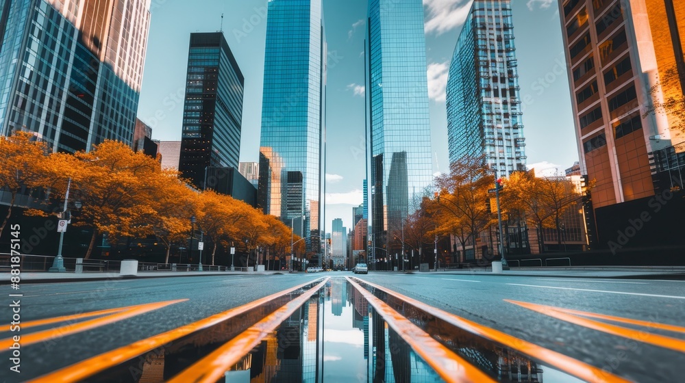 Obraz premium A city intersection where a historic castle stands proudly amidst sleek glass towers, representing the coexistence of past and present in urban development