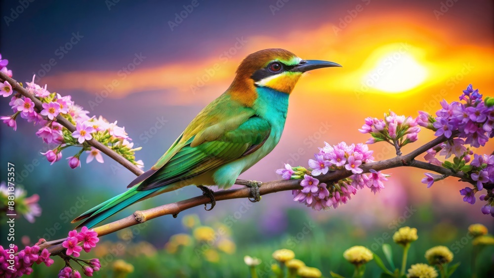 Vibrant bird with bright plumage perches on a branch amidst lush purple flowers set against a surreal green sky and pink-green gradient backdrop. Vibrant bird with bright plumage perches on a branch amidst lush purple flowers set against a surreal green sky and pink-green gradient backdrop.