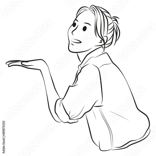 girl smiling shows something pose line art cartoon illustration