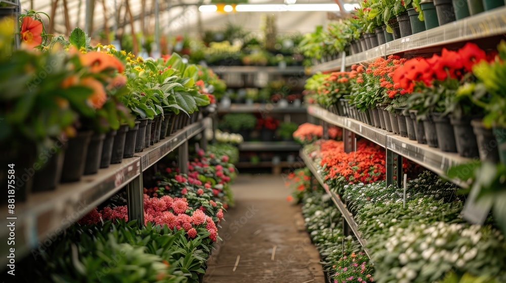Fototapeta premium Greenhouse and Nursery: Specializes in growing and selling plants, flowers, shrubs, and gardening supplies, offering expert landscaping advice and services.