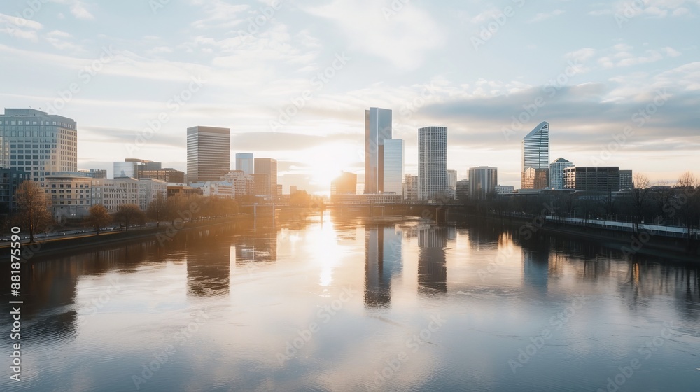 Obraz premium A serene city skyline during golden hour, with skyscrapers and historic buildings blending harmoniously, soft sunlight bathing the entire scene, and a bustling riverfront promenade