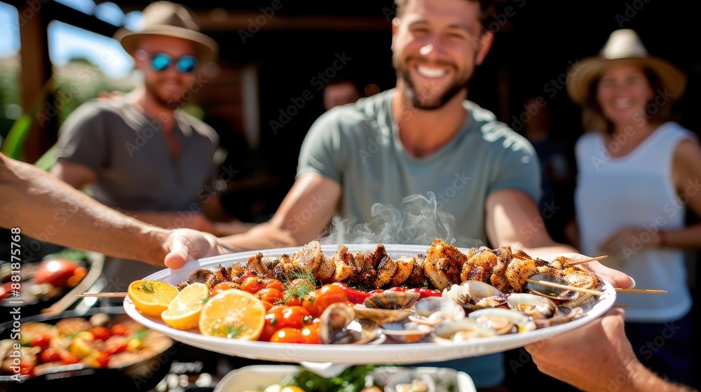 A smiling man is presenting a large platter of skewered grilled meats and vegetables, surrounded by friends enjoying an outdoor meal in a convivial and festive atmosphere. A smiling man is presenting a large platter of skewered grilled meats and vegetables, surrounded by friends enjoying an outdoor meal in a convivial and festive atmosphere.