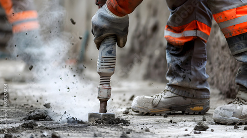 Construction worker using a powerful jackhammer to dismantle a concrete slab at a construction site.