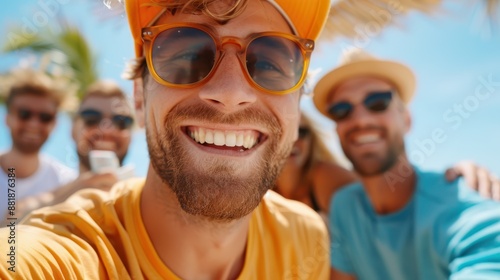 Five friends are seen smiling and taking a selfie on a sunny day outdoors, showcasing their joyful expressions and the fun they are having together. photo