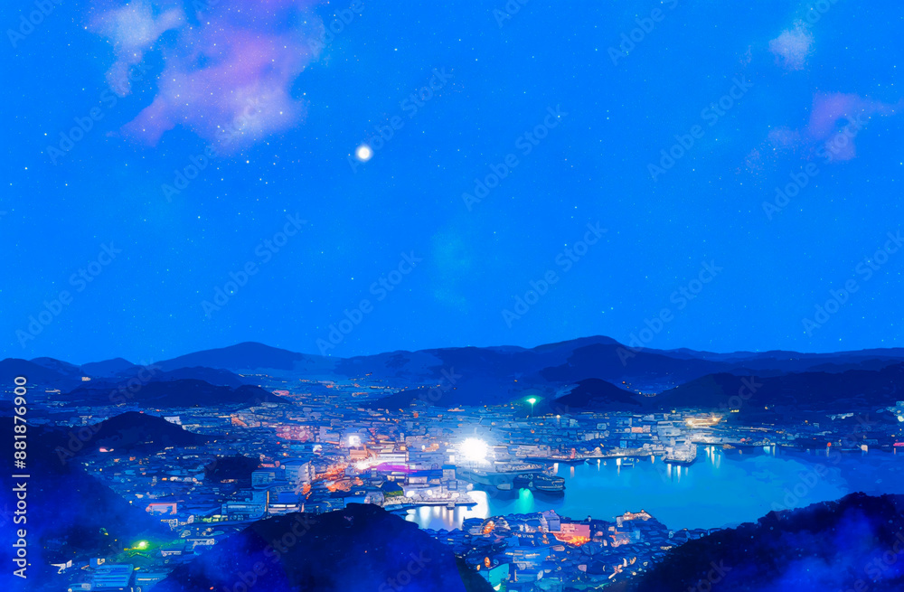Naklejka premium 展望台から見る夜景の水彩画