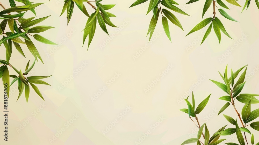 Fototapeta premium Elegant bamboo leaves pattern on beige background, perfect for nature-themed designs, invitations, and eco-friendly projects.