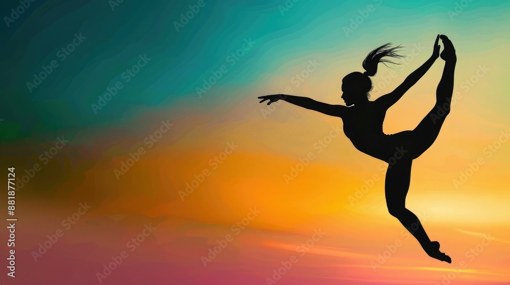 Silhouette of a graceful ballet dancer performing a stunning pose against a vibrant, colorful sunset sky backdrop. Silhouette of a graceful ballet dancer performing a stunning pose against a vibrant, colorful sunset sky backdrop.