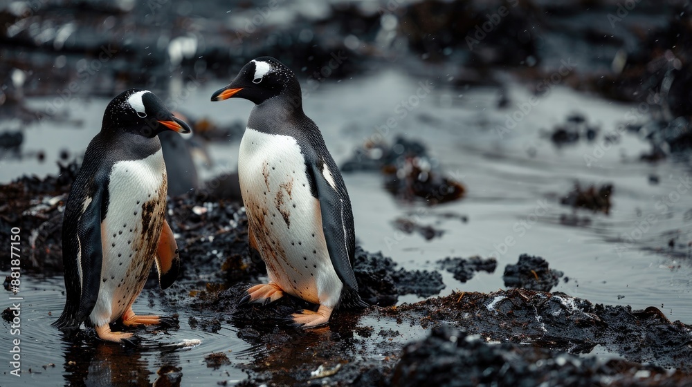 Fototapeta premium Two penguins standing on rocky shoreline, with water in the background. Captured in a natural habitat, showcasing wildlife interaction.