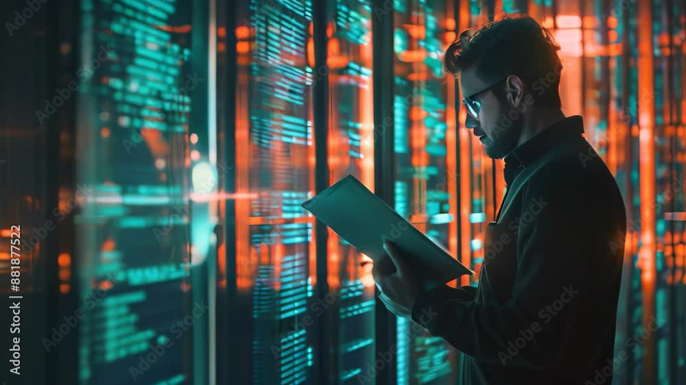 A man standing in front of a wall filled with data, analyzing information, Limiting access to sensitive data on a need-to-know basis