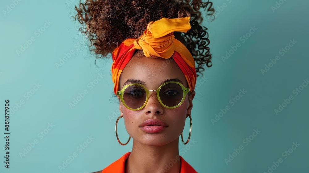 Naklejka premium Portrait of a woman with a curly hair, orange headscarf, and green sunglasses, posing confidently against a blue background, showcasing a unique and colorful fashion style.