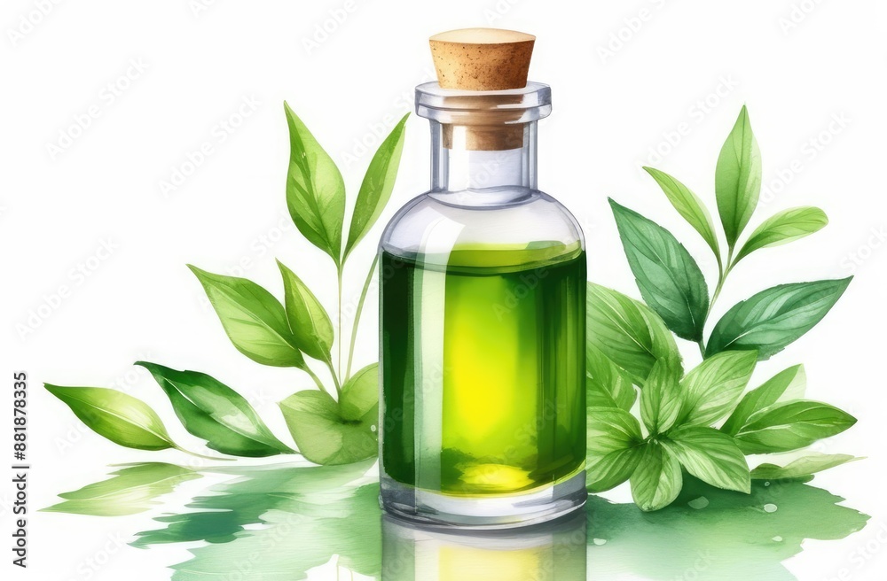 unlabeled essence oil bottle with green leaves on white background, watercolor illustration unlabeled essence oil bottle with green leaves on white background, watercolor illustration