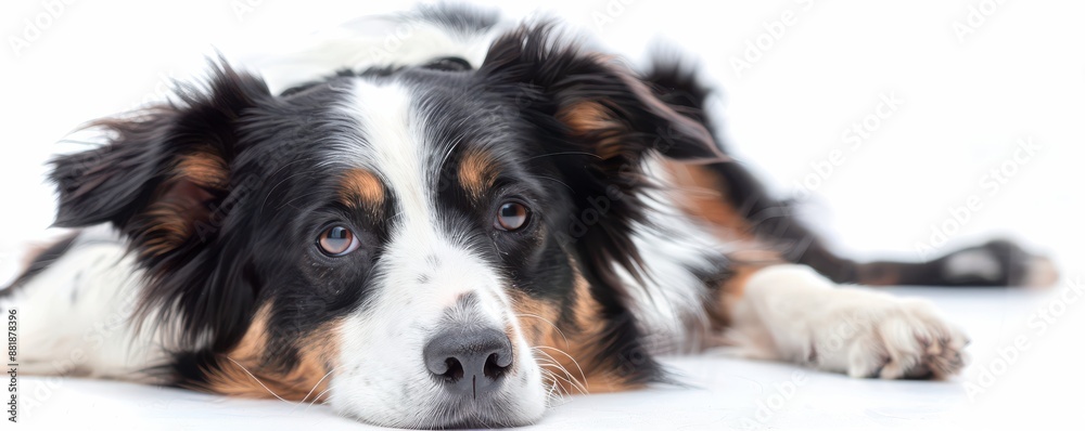Australian Shepherd puppy lying down, looking curious. Free copy space for banner. Australian Shepherd puppy lying down, looking curious. Free copy space for banner.