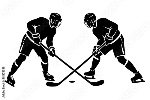 Two hockey players facing off, sticks on the ice vector silhouette 