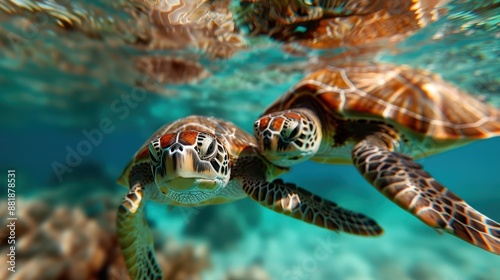 An image of two sea turtles swimming peacefully underwater in their natural habitat, showcasing the beautiful and tranquil environment of the sea and its inhabitants. photo