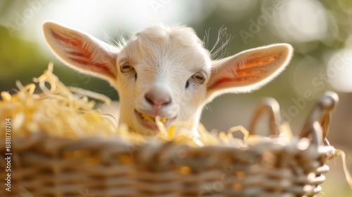 Wallpaper Mural A bright and cheerful image of a white goat eating straw from a basket, with sunlight highlighting the goat's expressive face and the rustic, natural surroundings. Torontodigital.ca