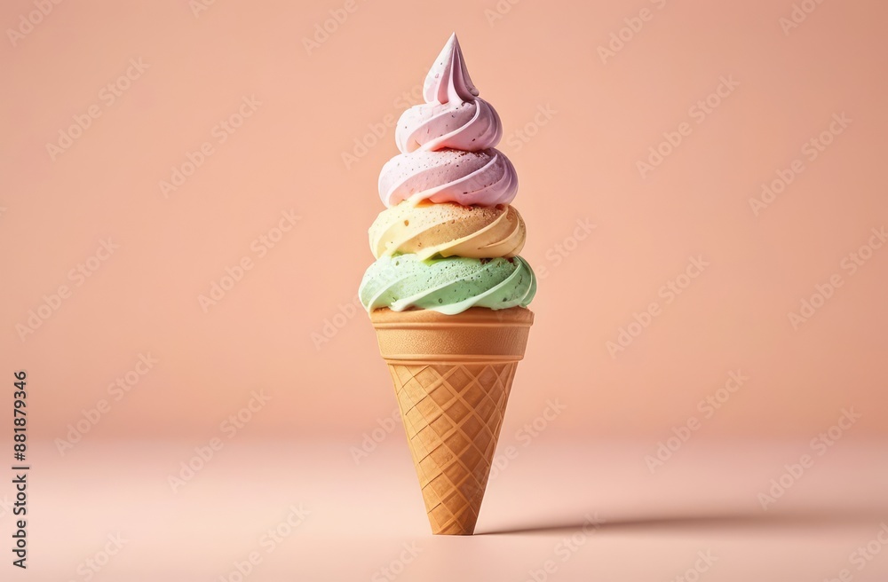 delicious soft serve ice cream in crispy cone on peachy backdrop, refreshing summer dessert delicious soft serve ice cream in crispy cone on peachy backdrop, refreshing summer dessert