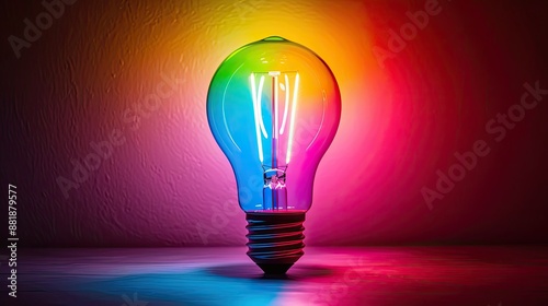 a colorful glowing idea bulb lamp, visualization of brainstorming and creative thinking