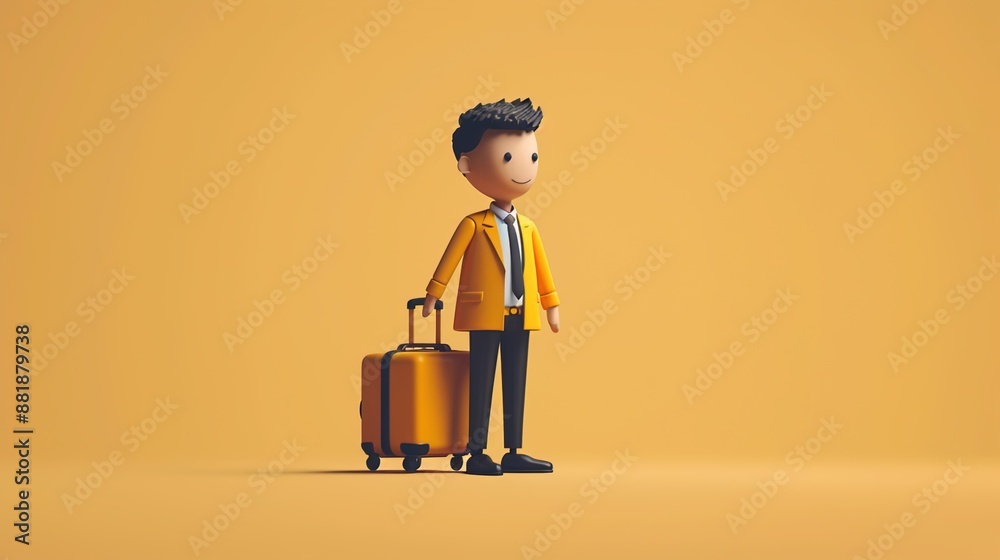 Concept of travelling and tourism in yellow color - wallpaper background of a person with suitcase
