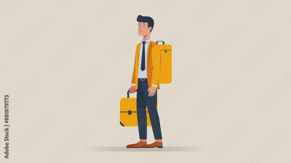 Man travelling with luggage suitcase, wallpaper background in white and black representing tourism