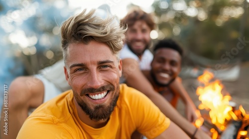 A smiling camper with blonde hair is in focus, enjoying time with friends near a campfire, reflecting outdoor adventure, friendship, and the joy of camping in nature.