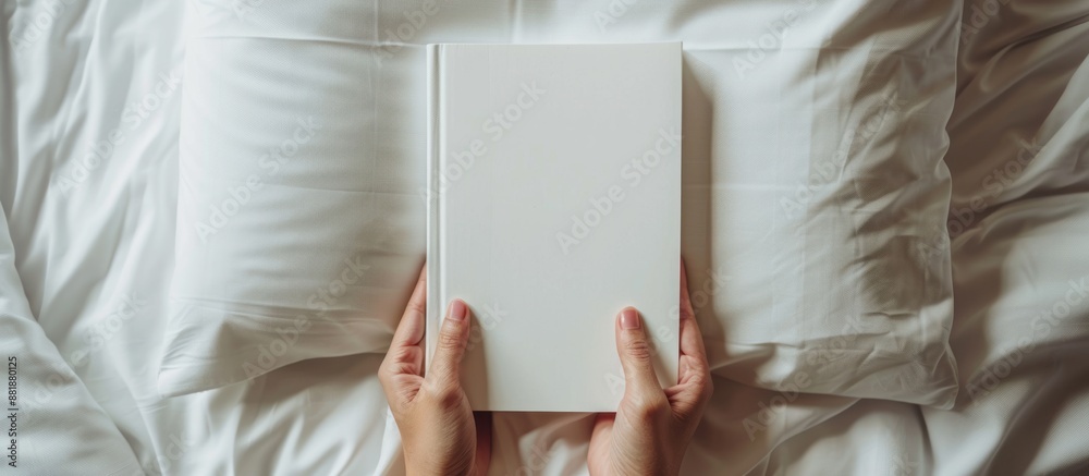 A Blank Book Held by Hands on a White Bed A Blank Book Held by Hands on a White Bed