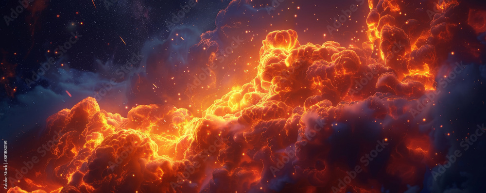 A dramatic fire background with intense flames roaring against a dark night sky, creating a powerful and dynamic visual impact.