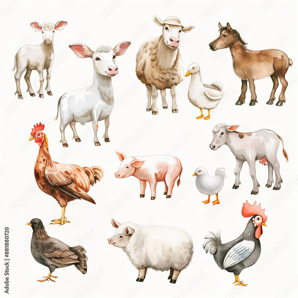 Watercolor playful farm animals with a cow, pig, chicken, sheep, horse, goat, duck, turkey, rabbit, and dog on a white background Watercolor playful farm animals with a cow, pig, chicken, sheep, horse, goat, duck, turkey, rabbit, and dog on a white background