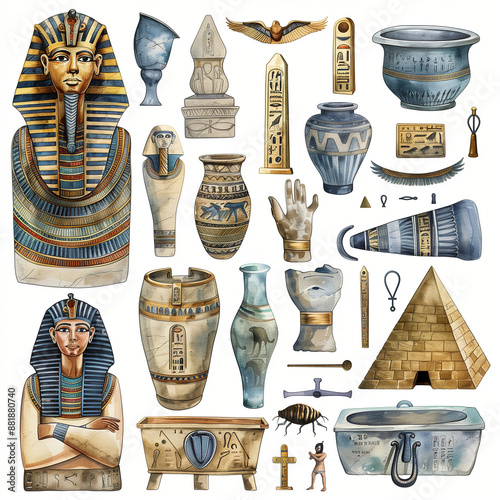 Ancient Egyptian artifacts with a pyramid, sphinx, sarcophagus, ankh, scarab, hieroglyphs, pharaoh, canopic jar, papyrus, and obelisk on a white background watercolor style