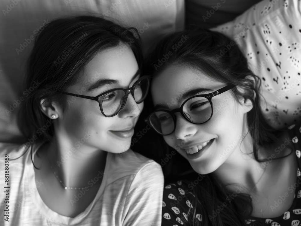 Two young women lying on a bed together, possibly friends or romantic partners Two young women lying on a bed together, possibly friends or romantic partners