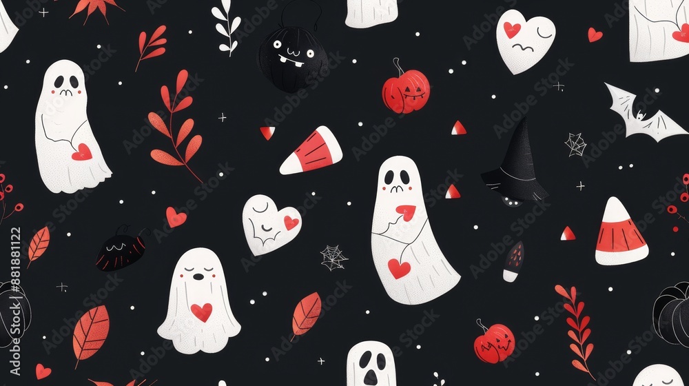 Naklejka premium Romantic Halloween pattern featuring a couple and sweet elements like candy corn and hearts, blended with stylish spooky motifs