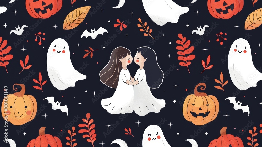 Romantic Halloween-themed pattern featuring a couple in love, surrounded by pumpkins, ghosts, and bats, stylish and charming design Romantic Halloween-themed pattern featuring a couple in love, surrounded by pumpkins, ghosts, and bats, stylish and charming design