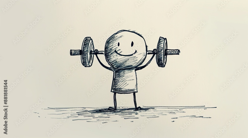 Minimalist 2D vector of a stick figure lifting weights, set on a clean white background, ideal for fitness-themed presentations and designs
